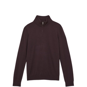 Reiss Blackhall Merino Wool Half-Zip Sweater in dark burgundy, funnel neck, ribbed trims, lightweight knit