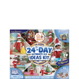 Elf on the Shelf Polar Props 24-Day Ultimate Elf Ideas Kit packaging showing multicoloured scenes with elf figurine and 70+ props