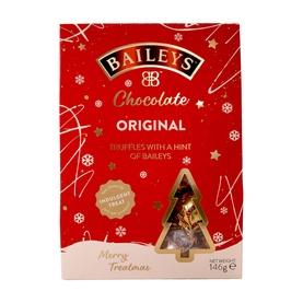 Baileys Christmas Tree Truffle Carton 146g in festive red box with gold Christmas tree cutout, 146g