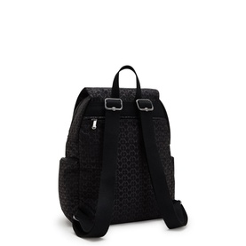 Kipling City Zip S Backpack in black printed polyamide, rear view showing adjustable straps, silver-tone hardware and flap with zip fastening