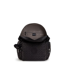 Kipling City Zip S Backpack in black printed polyamide, open showing interior, silver-tone hardware, monkey charm, flap zip fastening visible
