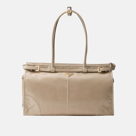 Prada Accessories Bonnie Large Leather Handbag in cream with gold-tone hardware, buckle strap detailing, and two top handles