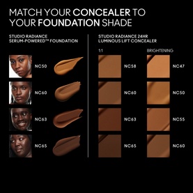MAC Studio Radiance 24HR Luminous Lift Concealer shade guide showing foundation-to-concealer matching chart with swatches across NC50&ndash;NC65 shades