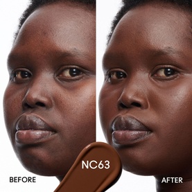 MAC Studio Radiance 24HR Luminous Lift Concealer before and after application on model's face, shade NC63, showing coverage and luminous finish