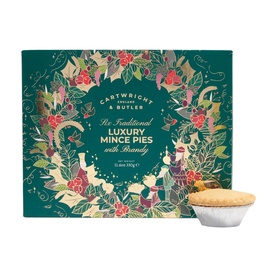 Cartwright & Butler 12 Days of Christmas Luxury Mince Pies with Brandy in festive teal gift box with floral wreath design, one pie shown