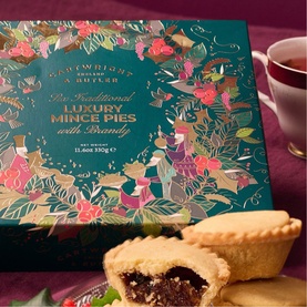 Cartwright & Butler Luxury Mince Pies with Brandy in festive teal illustrated box, with one mince pie shown alongside a cup of tea