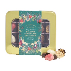 Cartwright & Butler Merry Christmas Belgian Chocolates Selection in festive green and gold tin with assorted chocolates displayed beside it