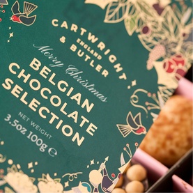 Cartwright & Butler Merry Christmas Belgian Chocolate Selection, green festive gift box with gold botanical and bird illustrations, 100g