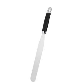 Stellar James Martin Crepe Spatula in silver stainless steel with long flexible blade and black soft-grip handle