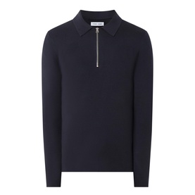 Samsoe & Samsoe Guna Half-Zip Sweater in navy, flat-knit collar, silver half-zip placket, long sleeves, straight hem