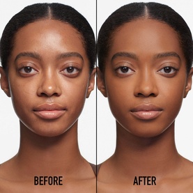 Model wearing Dior Forever Skin Perfect Foundation Stick in a before-and-after split showing coverage and skin-perfecting finish on deep skin tone.
