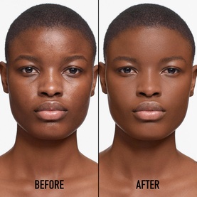 Dior Forever Skin Perfect Foundation Stick before and after comparison showing improved skin coverage and radiance on deep skin tone model.