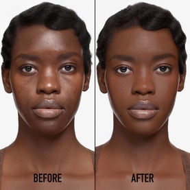 Model wearing Dior Forever Skin Perfect Foundation Stick; before and after split showing coverage and skin-smoothing effect on deep skin tone.