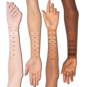 Dior Forever Skin Perfect Foundation Stick shade range swatched across four arms showing fair to deep skin tones