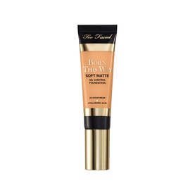Too Faced Born This Way Soft Matte Foundation in Golden Beige, 30ml tube with gold cap
