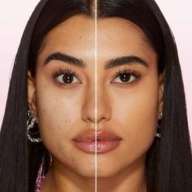 Too Faced Born This Way Soft Matte Foundation in Golden Beige, before and after split showing coverage and skin finish result