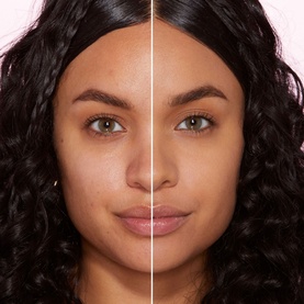 TOO FACED Born This Way Soft Matte Foundation in Sand, before and after split showing skin texture and coverage result on medium-tan complexion