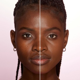 Too Faced Born This Way Soft Matte Foundation in Tiramisu, split-face before and after showing coverage and soft matte finish on deep skin tone
