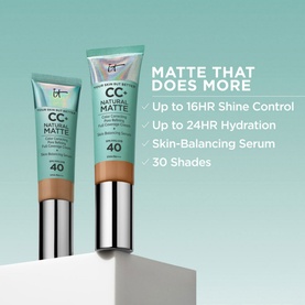 IT COSMETICS Your Skin But Better CC+ Natural Matte SPF 40 in Fair Ivory, 35ml tubes shown upright on a pedestal display