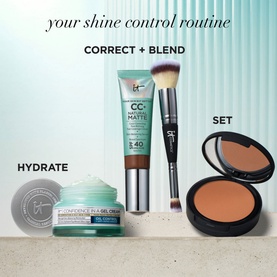 IT Cosmetics Your Skin But Better CC+ Natural Matte SPF40 in Fair Ivory shown in a shine control routine set with hydrating gel cream, brush
