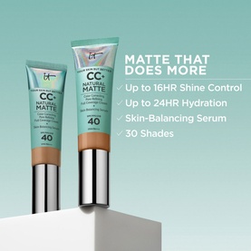 IT COSMETICS Your Skin But Better CC+ Natural Matte SPF 40 in Fair Warm, 35ml tubes shown on podium with matte claims text