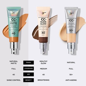 IT Cosmetics Your Skin But Better CC+ Natural Matte SPF40 in Medium, shown alongside CC+ Nude Glow and CC+ Anti-Ageing variants with finish