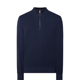 Boss Black Casual Ebrando Half-Zip Logo Sweater in navy, funnel neck, half-zip fastening, ribbed trims, straight hemline