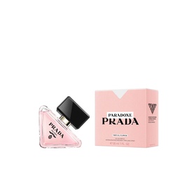 Prada Beauty Paradoxe Virtual Flower Eau de Parfum 30ml, angular pink bottle with black cap beside matching pink box