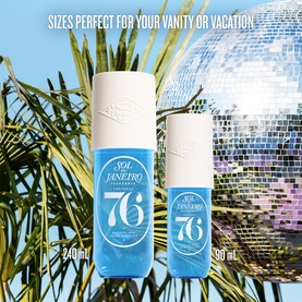 Sol De Janeiro Cheirosa 76 Perfume Mist in two sizes, 240ml and 90ml, light blue bottles with tropical and disco backdrop