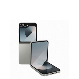 Samsung Flip 6 Silver Shadow foldable smartphone shown closed and open, revealing inner and outer displays in silver finish