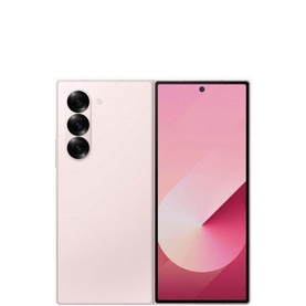 Samsung Fold 6 smartphone in pink, showing rear triple-camera setup and open front display, 12GB 256GB