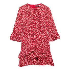 Mint Velvet Bow Print Ruffle Mini Dress in red, round neckline, three-quarter sleeves, ruffle hem detailing, all-over bow print