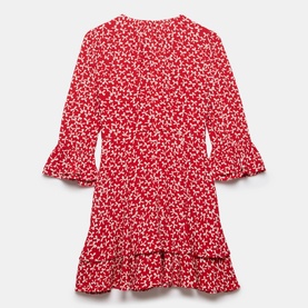 Mint Velvet Bow Print Ruffle Mini Dress in red, three-quarter sleeves, round neckline, ruffle hem, all-over floral bow print