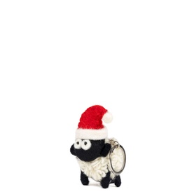 Erin Knitwear Knitted Sheep Collectible with Santa Hat Keyring, small white and black wool sheep with red Santa hat and silver ring