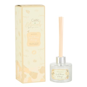Celtic Candles Spiced Mimosa and Orange Reed Diffuser 100ml, clear glass bottle with silver collar, natural bamboo reeds, with gift box packaging