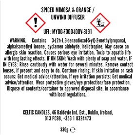 Celtic Candles Spiced Mimosa and Orange Reed Diffuser 100ml warning and ingredients label, 330g net weight shown