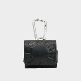 All Saints Tierra Leather Airpod Case in black with embossed logo, press snap closure, and silver metal carabiner clip