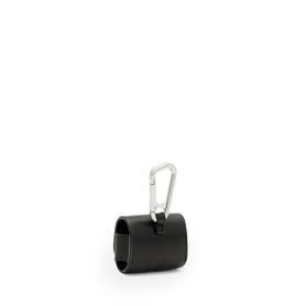 All Saints Tierra Leather Airpod Case in black with silver carabiner clip, press snap closure, square silhouette