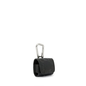 All Saints Tierra Leather AirPod Case in black with silver metal carabiner clip, press snap closure, square silhouette