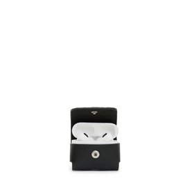 All Saints Tierra Leather Airpod Case in black, open showing white AirPods, silver snap closure, square silhouette