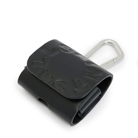 All Saints Tierra Leather Airpod Case in black with embossed logo detail, press snap closure and silver metal carabiner clip