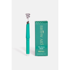 BROW AID The Brow Blade Refill brow pencil shown with teal green packaging box, fine tip applicator visible