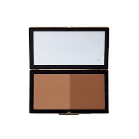Victoria Beckham Beauty Matte Bronzing Brick open compact showing two bronzer shades in black and gold case with mirror