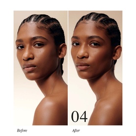 Before and after split showing Victoria Beckham Beauty Matte Bronzing Brick shade 04 applied to model's face, demonstrating bronzed finish
