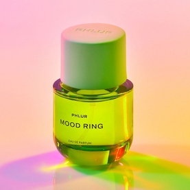 PHLUR Mood Ring Eau de Parfum 50ml, chartreuse glass bottle with sage green cylindrical cap on iridescent pastel background