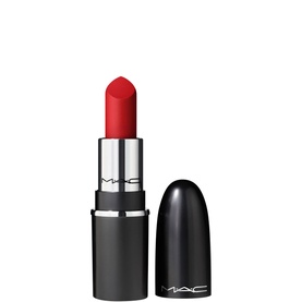 MAC MACXimal Sleek Satin Mini Lipstick in Centre Of Attention, 1.5g, red bullet shown with open black cap