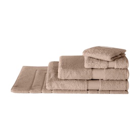 Sheridan Luxury Egyptian Towel in Natural, 5-piece set including bath sheet, bath towel, hand towels and face cloth, stacked in sandy beige tones