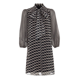 Phase Eight Suki Printed Pussybow Mini Dress in blue, geometric print, pussybow tie neck, semi-sheer blouson sleeves, shift silhouette