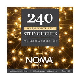 Noma 240 Warm White LED String Lights in product packaging, showing warm glowing lights, suitable for indoor and outdoor use