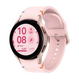 Samsung Watch FE Pink Gold smartwatch with pink silicone strap, round face displaying fitness stats and gold-tone case